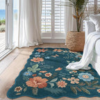 Lahome Floral Washable Rugs for Bedroom, 4X6 Area Rug Ultra-Thin Soft Living Room Rug, Non-Slip Classroom Rug Stain Resistant Boho Rug Low-Pile for ‎‎Nursery Office Flore (4x6ft,Navy Blue)
