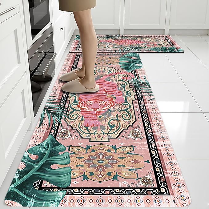 Tiger Rugs for Kitchen Floor, Anti Fatigue Mats for Kitchen Floor Non Slip, 2PCS Rubber Kitchen Mat, Washable Cushioned Carpet Rug for Sink Laundry Gifts for Christmas 15.7"×27.5" +15.7"×47" 3.5mm