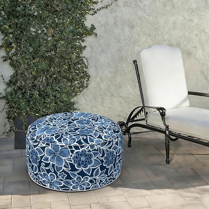 LVTXIII Indoor/Outdoor Extra Large Inflatable Ottoman Pouf D31 x H14 Inch, Round Footstool with Handle, Weather-Resistant Portable Furniture for Patio, Camping, Beach, Flower Navy