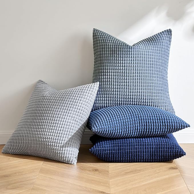 MIULEE Blue Decorative Pillow Covers 16x16 Inch Set of 4 Boho Western Farmhouse Home Decor Couch Throw Pillows Summer Coastal Corduroy Pillowcases Industrial for Sofa Living Room Bed