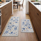 GENIMO Kitchen Mats for Floor 2PCS, Cushioned Kitchen Rugs Non Slip Washable, Farmhouse Anti Fatigue Mat Waterproof, Comfort Standing Mat Rug for Office, Home, Laundry, 17.3"x47"+17.3"x30", Beige&Blue