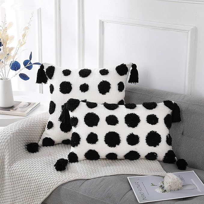PANOD Super Soft Farmhouse Decorative Plush Throw Pillow Covers 16 x 16 Black,Solid Pom pom Tufted with Tassels Modern Accent Boho Square Cushion Cover Pillow Case for Couch Sofa