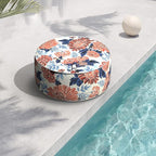 Indoor/Outdoor Inflatable Ottoman with Handle, Decorative Fade-Resistant Round Footstool D21 x H9 inch, Portable Ottoman Pouf for Patio Garden Camping, Red Chrysanthemum