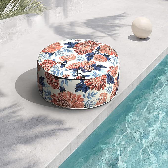 Indoor/Outdoor Inflatable Ottoman with Handle, Decorative Fade-Resistant Round Footstool D21 x H9 inch, Portable Ottoman Pouf for Patio Garden Camping, Red Chrysanthemum