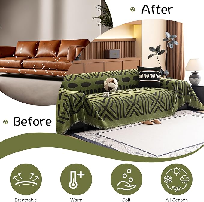 VClife Bohemian Green and Black Couch Cover Western Aztec Sofa Cover for 3-4 Cushion Couch Sofa Washable Chenille Sofa Slipcover Boho Non Slip Geometric Couch Covers for Sectional Sofa 71''x150''