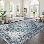 Lessymo 9×12 Area Rugs Washable for Living Room, Large Soft Indoor Rug Non-Slip for Bedroom Kitchen Dining Room Dorm Nursery, Vintage Boho Carpet Stain Resistant for Office Home Decor, Blue/White