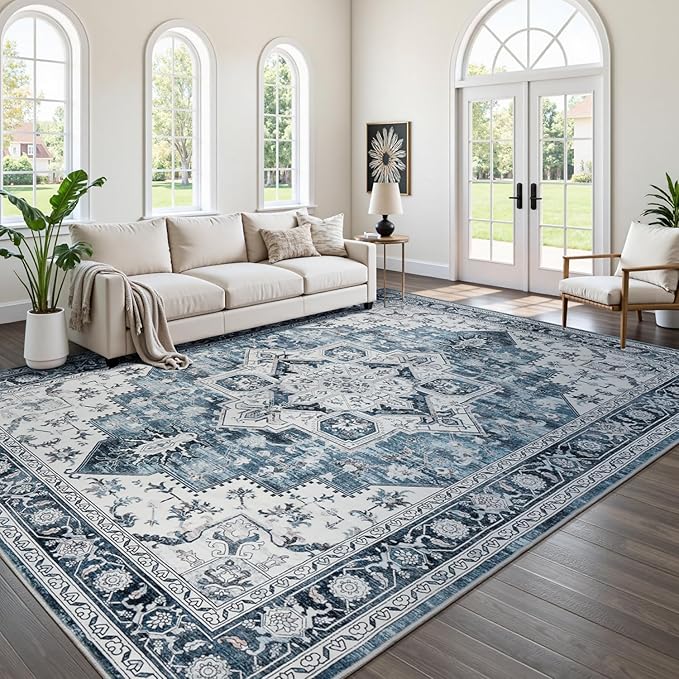 Lessymo 9×12 Area Rugs Washable for Living Room, Large Soft Indoor Rug Non-Slip for Bedroom Kitchen Dining Room Dorm Nursery, Vintage Boho Carpet Stain Resistant for Office Home Decor, Blue/White