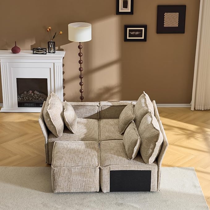 VINGLI 111" Convertible Modular Sectional Sofa,Comfortable L Shaped Reversible Couch with Ottoman, Removable 3 Seater Boneless Modern Couch, Durable Chenille Cloud Sofa for Living Room,Khaki