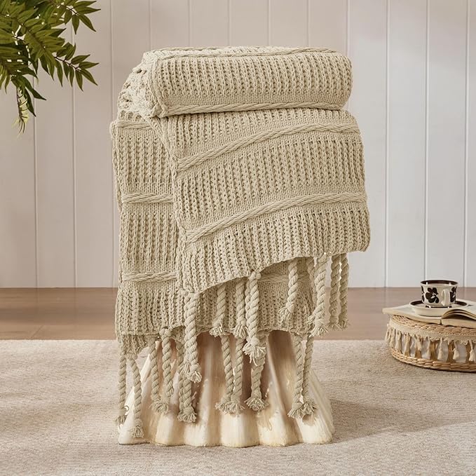 Boho Knitted Chenille Blanket with Tassels - Lightweight & Soft All-Season Throw - 3D Classic Pattern for Living Room Bedroom Couch, Sandy Beige, Throw 50"x60"