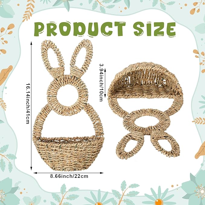 LemonRoad 16.1 Inch Easter Bunny Basket Easter Bunny Woven Wicker Basket Hanging Wall Rabbit Pocket for Spring Front Door Flowers Eggs Gifts Decor