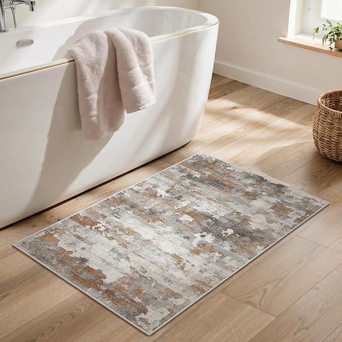 GENIMO 2x3 Rugs for Entryway Entrance, Modern Machine Washable Rug Ultra Soft Indoor Area Rugs 2x3 for Bedroom Kitchen Bathroom, Lightweight Low Pile Carpet with Non Slip Backing, Grey Brown Beige