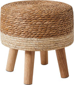 YMYNY Foot Stool Natural Seagrass Hand Weave, 12.6" Small Ottoman, Round Footrest for Living Room, Bedroom, Entryway, Change Shoes Stool, Non-Skid Wood Legs, Boho, Natural+White, UHBD027W