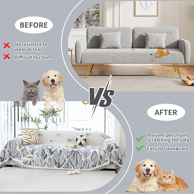 Floral Couch Cover Blanket, Botanical Couch Blanket Cover, Sofa Cover Blanket for Dog, Chenille Sofa Covers Washable, Medium Couch Covers for Recilner&Chair(1pc/Grey/71×134")