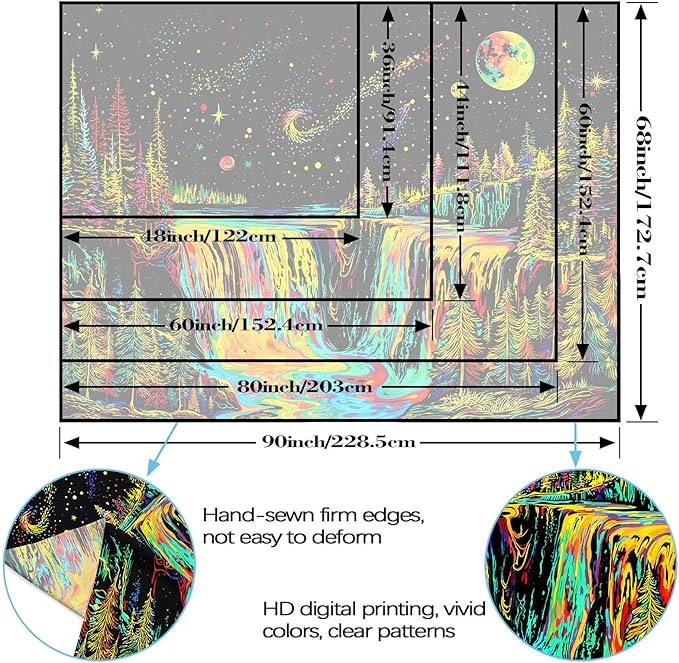 Zussun Blacklight Forest Tapestry for Bedroom Aesthetic Hippie Mountain Waterfall Tapestries Wall Hanging Glow in The Dark Moon and Stars Wall Tapestry for Living Room Dorm 80 × 60 Inch