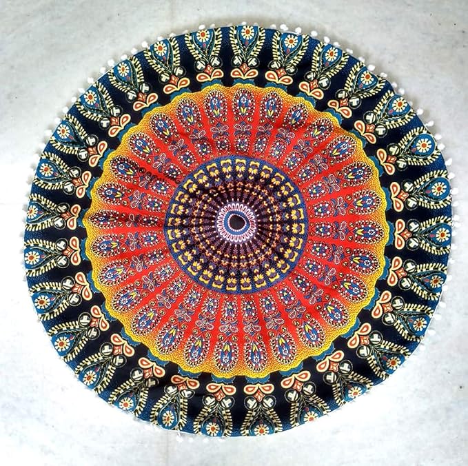 Mandala Floor Pillow Cushion Seating Throw Cover Hippie Decorative Bohemian Ottoman Poufs, Pom Pom Pillow Cases,Boho Indian (32 Inches, Multi Pigment)