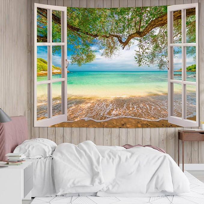 EOBTAIN Coastal Beach Tapestry Ocean Beachy and Tree outside the Window Wall Tapestry Summer Landscape Aesthetic Tapestries Wall Hanging Decor for Living Room Bedroom 59x51 Inch