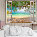 EOBTAIN Coastal Beach Tapestry Ocean Beachy and Tree outside the Window Wall Tapestry Summer Landscape Aesthetic Tapestries Wall Hanging Decor for Living Room Bedroom 59x51 Inch