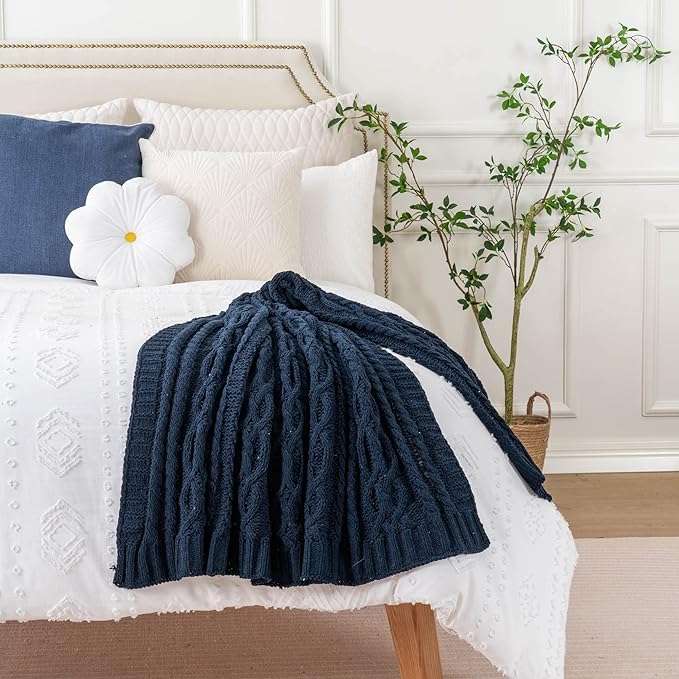 Battilo Navy BlueThrow Blanket for Couch, 51"x67", Chenille Knit Throw Blanket, Super Soft Warm Blanket, Decorative Christmas Textured Throw Blanket for Bed,Living Room