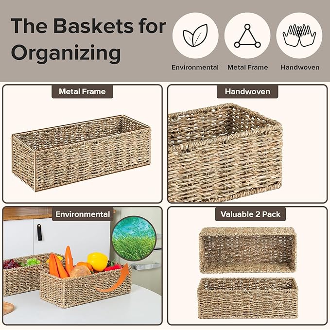 Small Wicker Baskets 2 Pack, Hand Woven Toilet Basket Tank Topper, Toilet Tank Basket for Bathroom Organizing, Seagrass Storage Baskets for Toilet Paper (14.4"Lx6.1"Wx4.4"H)