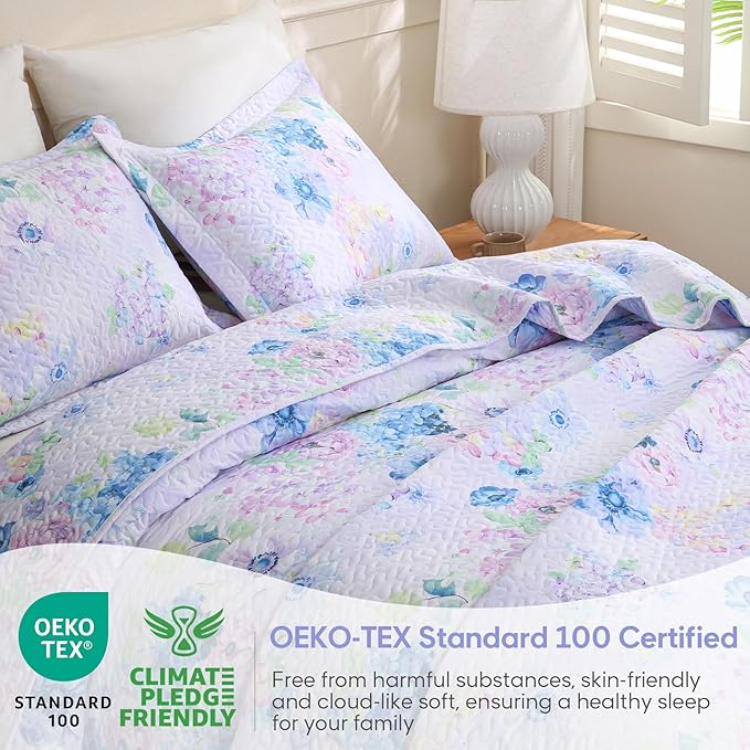 JSD Hydrangea Floral Quilt Set Twin Size, 2 Piece Printed Bedspreads Coverlet with Pillow Sham, Lightweight Quilted Blanket