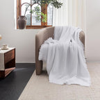 FOSSA Muslin Blanket with Fringe - 4-Layer 100% Cotton Gauze Super Soft & Breathable Throw -Lightweight Decorative Cooling Blanket for Bed, Sofa, Office -Super King 108" x 98" (Bright White)
