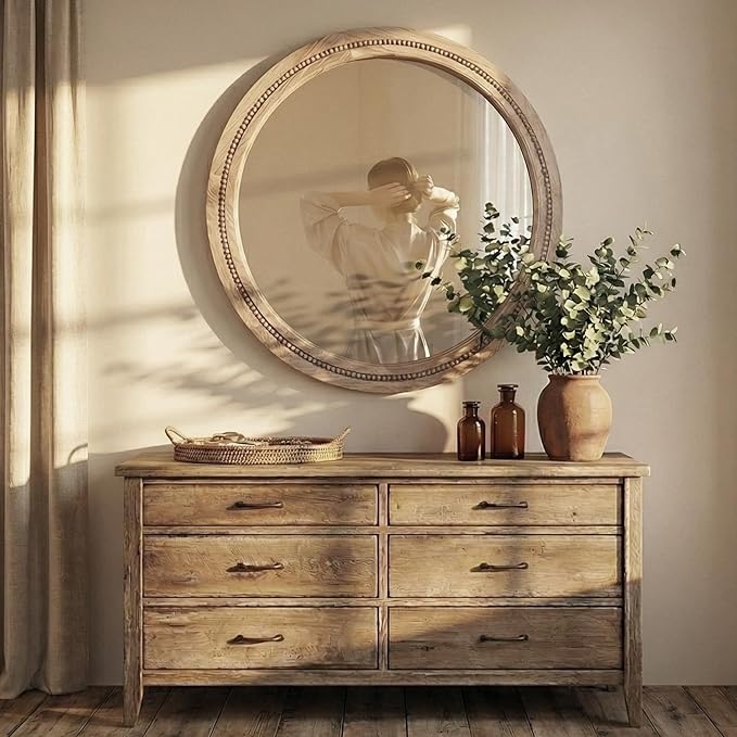 30" Round Solid Wood Mirror for Bathroom Vanity, Handcrafted Beaded Circle Wall Mirror - Natural Boho Farmhouse Decor for Entryway & Bedroom