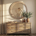 30" Round Solid Wood Mirror for Bathroom Vanity, Handcrafted Beaded Circle Wall Mirror - Natural Boho Farmhouse Decor for Entryway & Bedroom