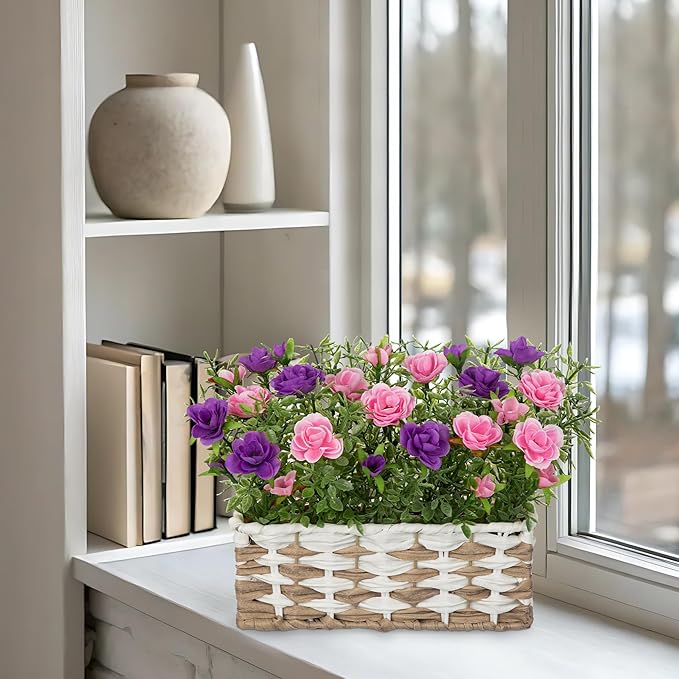 Artificial Rose Flowers with Woven Basket, Faux Blooming Roses in Fake Rattan Planter for Table Centerpiece, Romantic Floral Arrangement for Home Kitchen Entryway Spring Party Decor, Pink & Purple