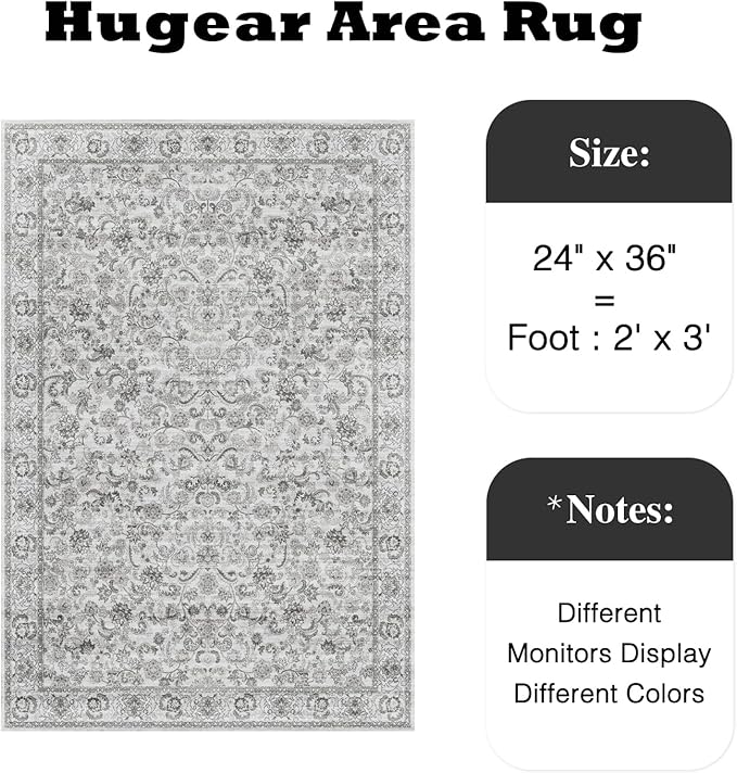 HUGEAR 2x3 Entryway Area Rug Grey Small Rug Machine Washable Door Mat Neutral Vintage Floral Low Pile Carpet Distressed Throw Rug Entrance Kitchen Bathroom Bedroom Office Non Slip Soft Lightweight
