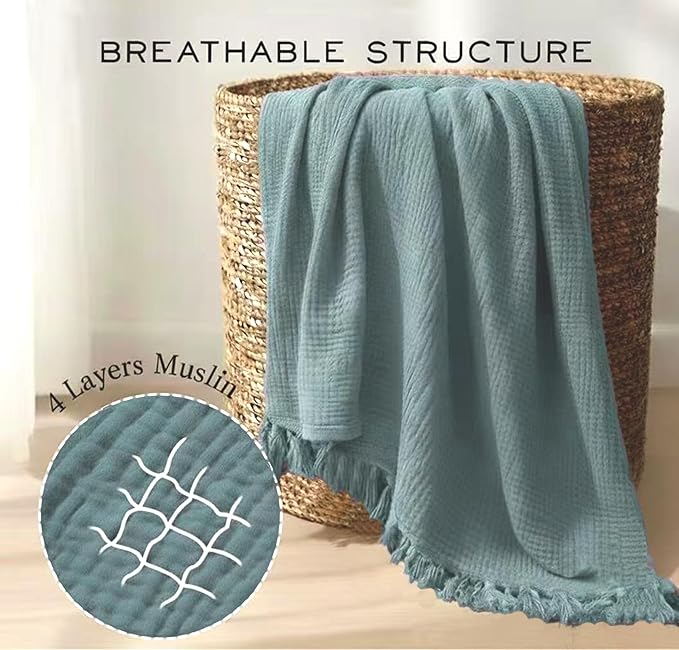 KyraHome 100% Cotton 104"x90" King Size Cotton Blankets for Adults, Kids, Couch, Plant Dyed Pre-Washed Breathable Lightweight Gauze Muslin Bed Blanket, All Season, Slate Blue