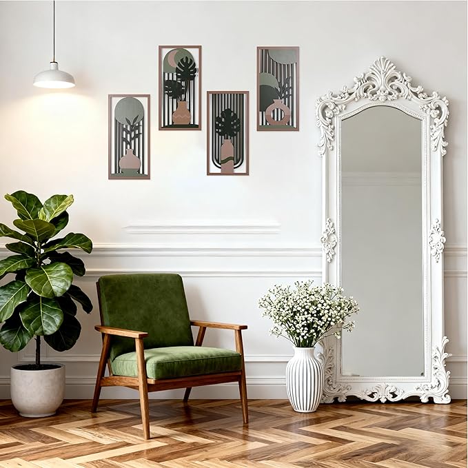 suruim Boho Wall Art Set of 4, Abstract Geometric Wooden Wall Decor, Mid-Century Modern Aesthetic Artwork with Arch, Vase & Botanical Design for Modern Home Decor for Bedroom, Office & Living Room(D)