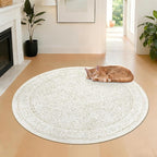 Round Rugs 4ft Vintage Floral Small Circle Rug, Washable Non Slip Soft Low Pile Stain Resistant Carpet for Living Room Bedroom Entryway Dining Room (FloralBeige, 4' Round)