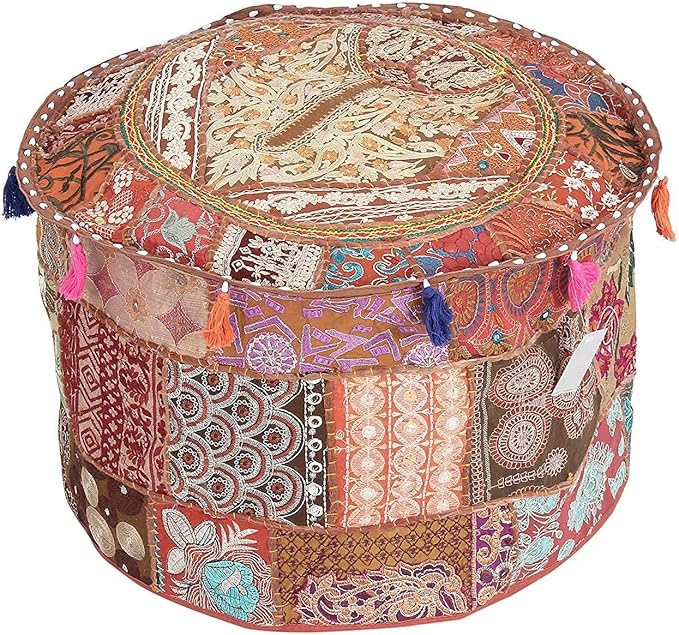 GANESHAM KLAVATE Indian Hippie Vintage Cotton Floor Pillow & Cushion Patchwork Bean Bag Chair Cover Boho Bohemian Hand Embroidered Handmade Pouf Ottoman (Brown, 13" H x 22" Diam.(inch))