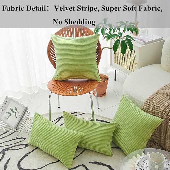 Home Brilliant Green Lumbar Pillow Covers 12x20 Set of 2 Oblong Striped Corduroy Rectangle Spring Pillow Covers Chair Couch for Spring St Patricks Day Decor, 12 x 20 inch, Apple Green