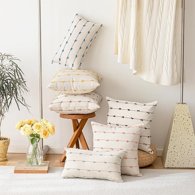 Boho Throw Pillow Covers 16x16 Set of 2 Modern Farmhouse Decorative Cushion Case Tufted Square Pillows Cover Neutral Pillow Cases Accent Pillowcase for Sofa,Couch,Bed,Beige and Black