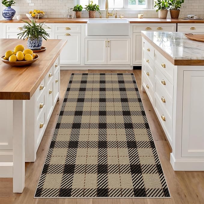 Easy Jute 3x6 Entryway Rug - Washable Large Kitchen Rug, Stain Resistent Low Pile Mat for Bedside, Non Slip Neutral Farmhouse Black and Tan Front Door Décor