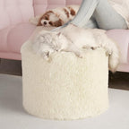 Hansleep Round Pouf Ottoman Foot Rest, 17 x 14 Small Faux Fur Stuffed Pouf for Chair, Foam Filled Foot Stools Ottomans for Living Room, Beige