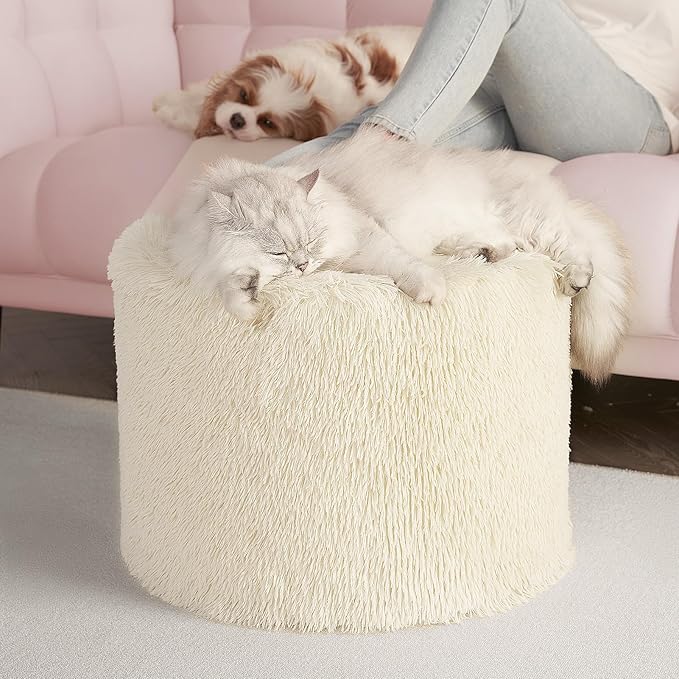 Hansleep Round Pouf Ottoman Foot Rest, 17 x 14 Small Faux Fur Stuffed Pouf for Chair, Foam Filled Foot Stools Ottomans for Living Room, Beige
