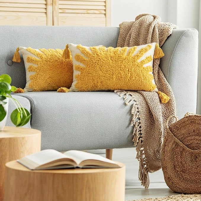 2 Pcs Boho Velvet Pillow Covers with Tassels 12 x 20 Inch 3D Tufted Sun Embroidery Sunshine Decorative Throw Cushion Case for Bedroom Sofa Living Room Couch Rustic Farmhouse Home Decor