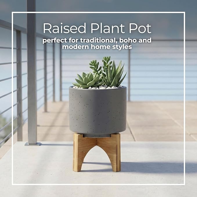 Ceramic Planter With Stand Indoor Plant Stand – Elevated Plant Stand For Displaying Greenery, Living Room, Bedroom, Office, Or Patio, Minimalist Garden Accent For Home Decor – 7", Gray
