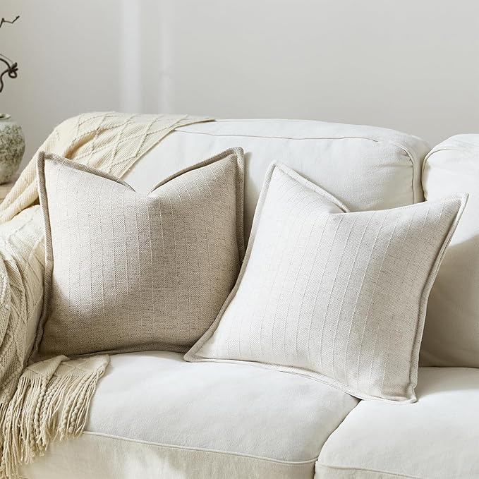 16x16 Linen Pillow Covers Beige Pack of 2 Farmhouse Boho Neutral Accents Striped Textured Square Decorative Throw Pillow Cases for Living Room Couch Bed Home Decor