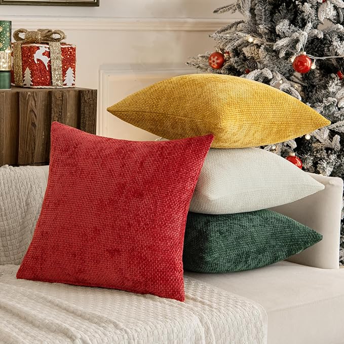 MIULEE Christmas Green Pack of 4 Couch Throw Pillow Covers 18x18 Inch Soft Decorative Chenille Pillow Covers Farmhouse Accent Cushion Covers for Boho Home Decor Sofa Bedroom Living Room