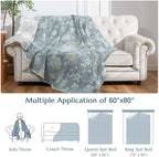 jinchan Boho 100% Cotton Muslin Twin Size 60x80 Inches Blanket Lightweight 4-Layer Quilted Soft Blue and White Floral Throw Blanket Green Accents Reversible Comfy Flower Summer Couch Bedroom Decor