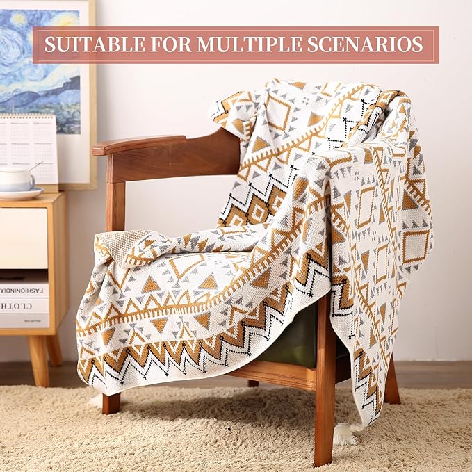 Knitted Queen Size Throw Blanket - Lightweight Breathable Summer Soft Blanket of Polyester Imitation Cotton for Anti-Static,Luxury Throws for Bed, Couch and Sofa,Yellow Tassel Pattern