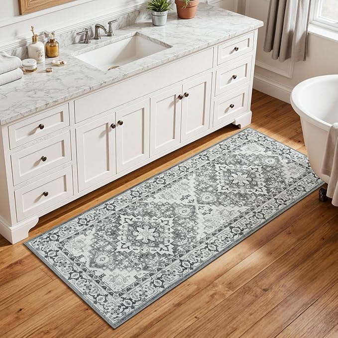 Lessymo 2 x 5 Runner Entryway Rug, Machine Washable Kitchen Rugs Boho Faux Wool Low Pile Long Rug for Bedroom, Floral Medallion Vintage Rugs with Non-Slip Rubber, Grey Beige