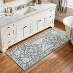 Lessymo 2 x 5 Runner Entryway Rug, Machine Washable Kitchen Rugs Boho Faux Wool Low Pile Long Rug for Bedroom, Floral Medallion Vintage Rugs with Non-Slip Rubber, Grey Beige