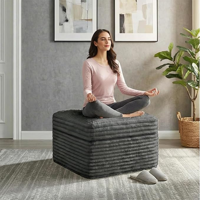 23.6in Pouf Ottoman, Corduroy Ottoman Foot Rest with Dual‑Layer Support, Large Poofy Pouf with Soft Chunk‑Foam Top & Firm Foam Base, Floor Foot Stool for Living Room, Dark Grey