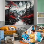 Atrippy Anime Wall Tapestry for Bedroom Aesthetic, Black Forest Japanese Moon Tapestry Wall Hanging, Vintage Nature Mountain Art Decor Dark Landscape Backdrop for Living Room 51"X60"