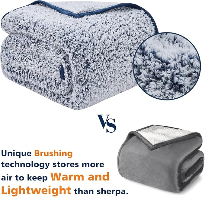 EMME Soft Sherpa Fleece Blanket Reversible Plush Fluffy Large Blanket, Light Weight Warm Decorative Boho Blanket Cover for Sofa, Couch, Bedroom,Travel(Plush Navy,108"x90")