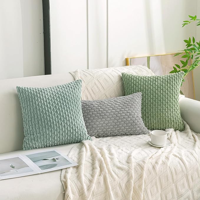 Set of 4 Sage Green Decorative Throw Pillow Covers 16x16 Inch Corduroy Pillow Covers for Bed Couch Sofa Living Room Soft Square Cushion Cases